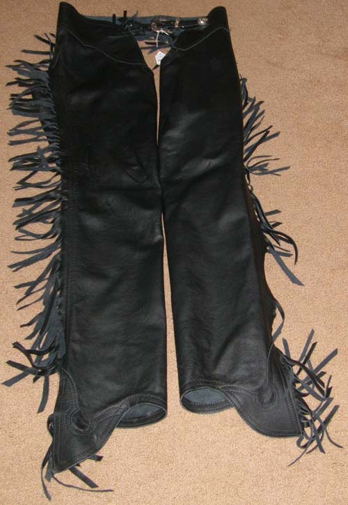 Chaps d'équitation taureau western spectacle cuir noir franges chap